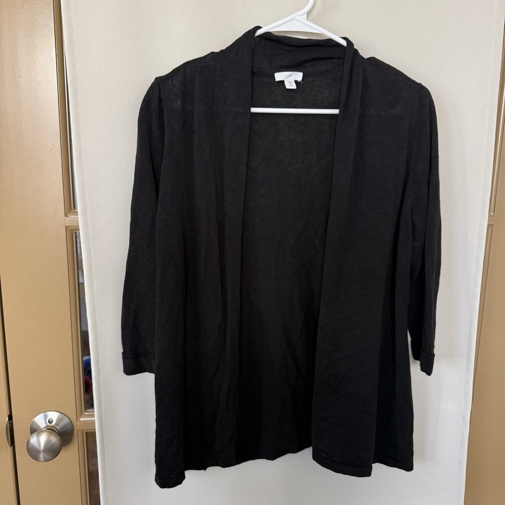 J. Jill Womens Small Petite Black Linen Blend 3/4 Sleeve Cardigan Sweater